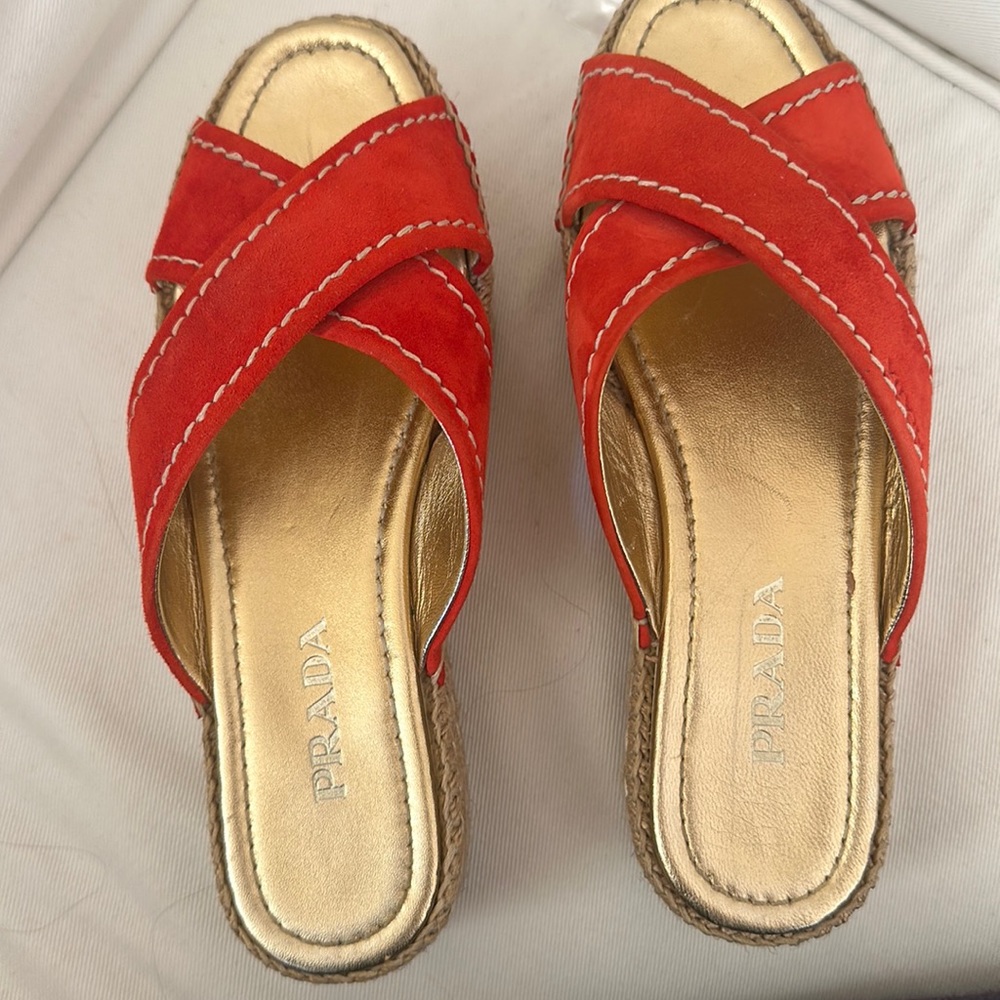 Prada, suede platform sandals. Orange. Size 37.5